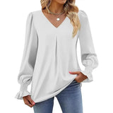 "Women’s Solid Color Chiffon Shirt – V-Neck Pullover Flared Long Sleeves Office Blouse in Elegant Khaki" - Faith Affinity