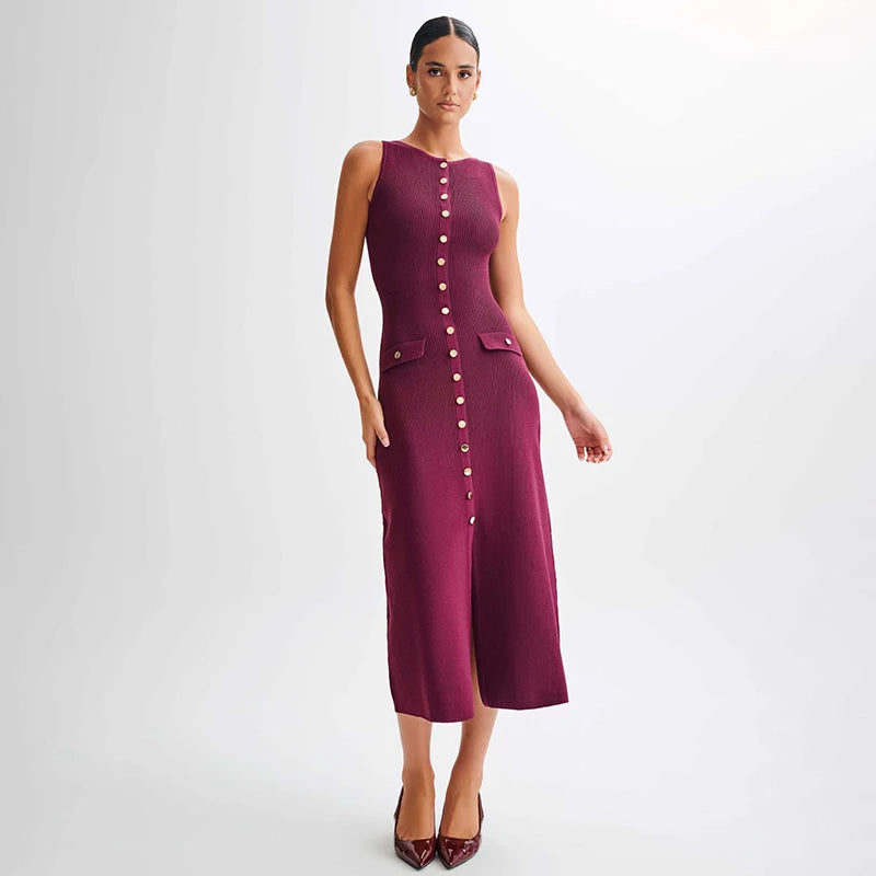 "TARUXY Women's Elegant Sleeveless Ribbed Knit Long Dress - High Waist Bodycon Knitted Dress with Fake Pockets, New Fashion"