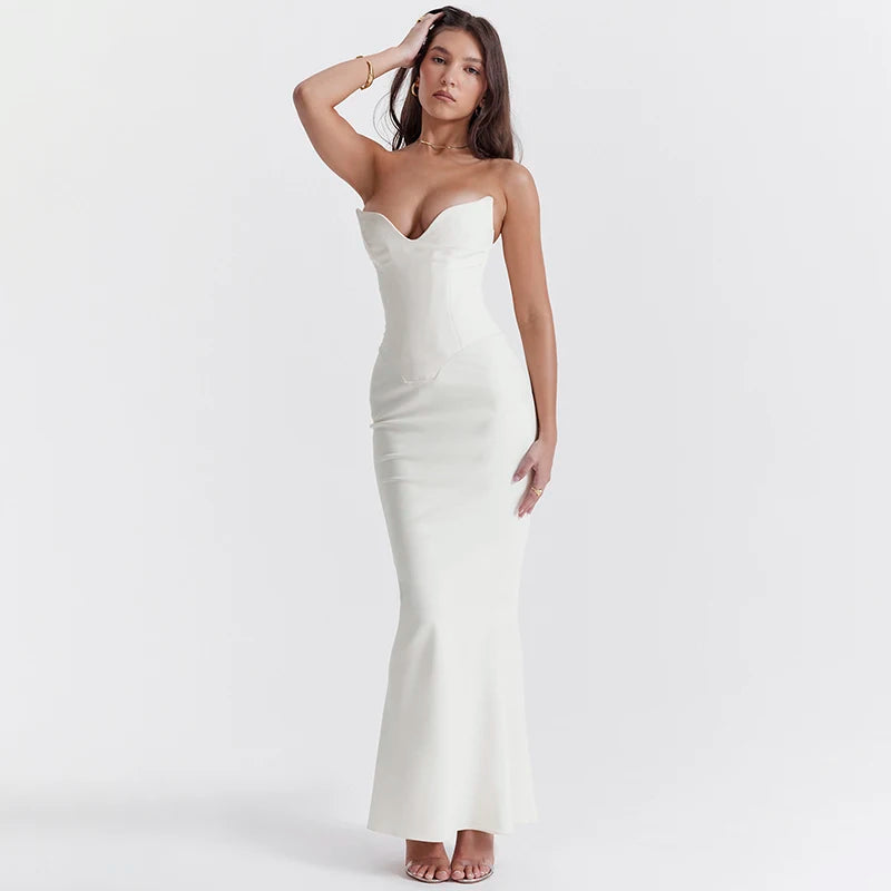 "WannaThis Women's Strapless Corset Midi Dress - Sleeveless Backless Bodycon Prom Dress, Sexy Elegant Evening Formal Streetwear 2025"