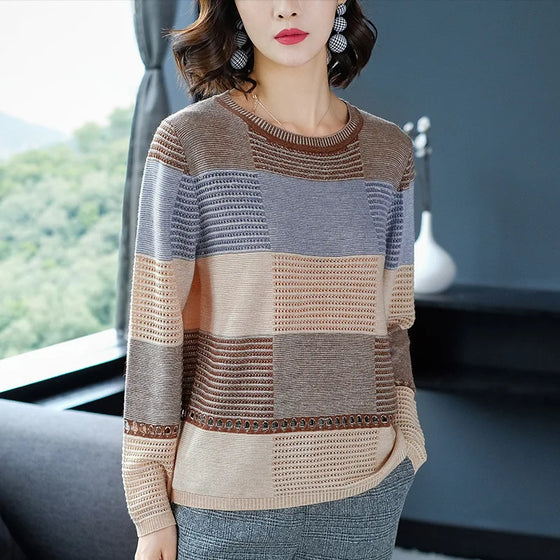 "WTEMPO Women’s Thin Hollow Knit Sweater - Long Sleeve Striped Loose Top for Spring and Autumn Fashion" - Faith Affinity