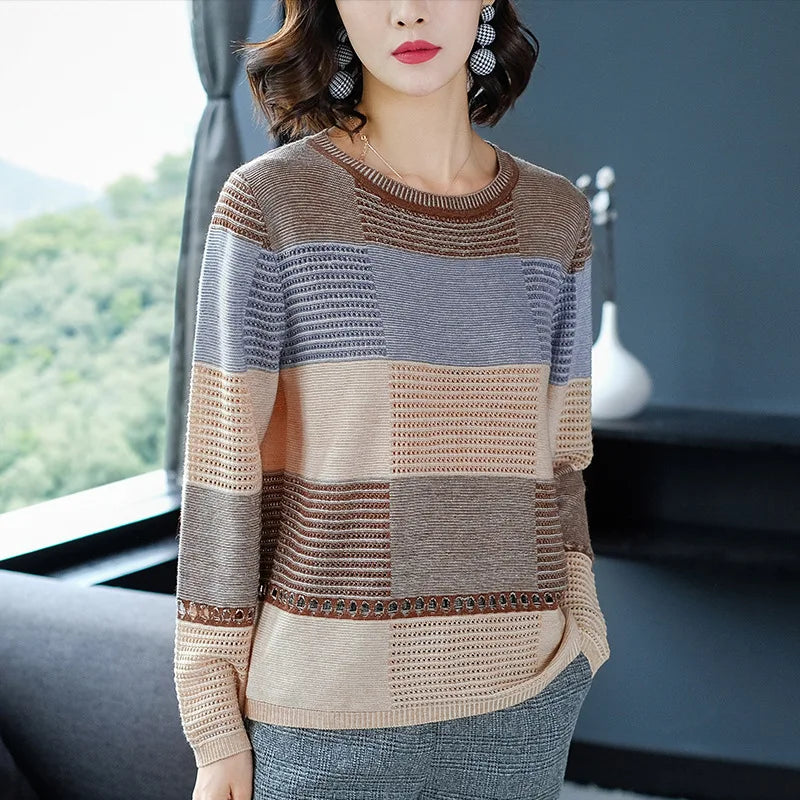 "WTEMPO Women’s Thin Hollow Knit Sweater - Long Sleeve Striped Loose Top for Spring and Autumn Fashion" - Faith Affinity