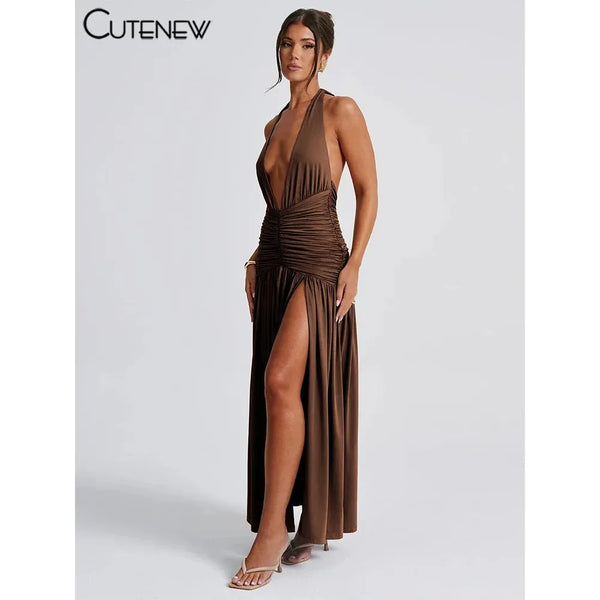 "Nibber Women's Elegant Long Dress - Solid Hipster Halter V-Neck Backless with Shirring & Side Split, High Street Vestidos" - Faith Affinity