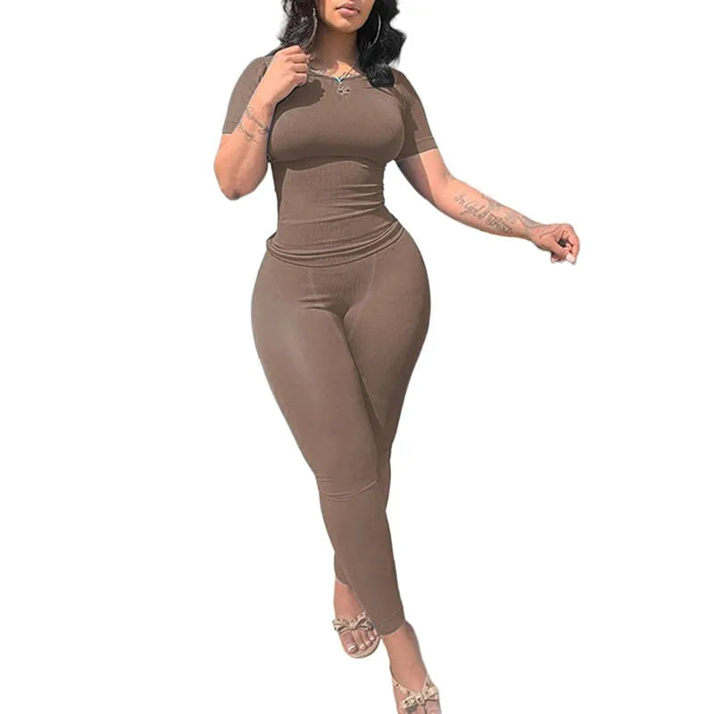 "Women's Lounge Wear Ribbed Casual 2-Piece Summer Shorts Set - Fashion Top & Elastic Leggings Outfits"