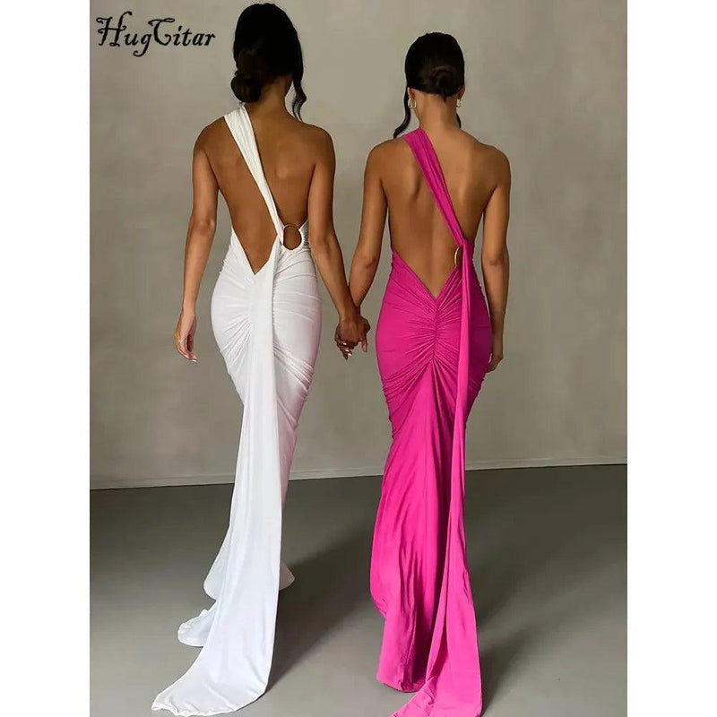 Hugcitar 2025 Women’s One-Shoulder Backless Ruched Maxi Dress - Sexy Adjustable Y2K Streetwear Festival Outfit - Faith Affinity