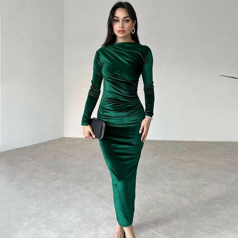 "Dulzura Velvet Long Sleeve Midi Dress for Women – Ruched Elegant Party Wear, Spring Summer 2024 Evening Green Outfi - Faith Affinity