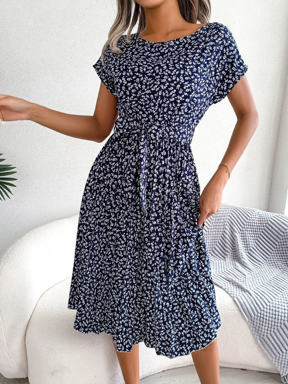 "Women's Floral High Waist A-Line Long Dress - Spring Summer Chic Fashion, Short Sleeve Pleated Maxi Dress"