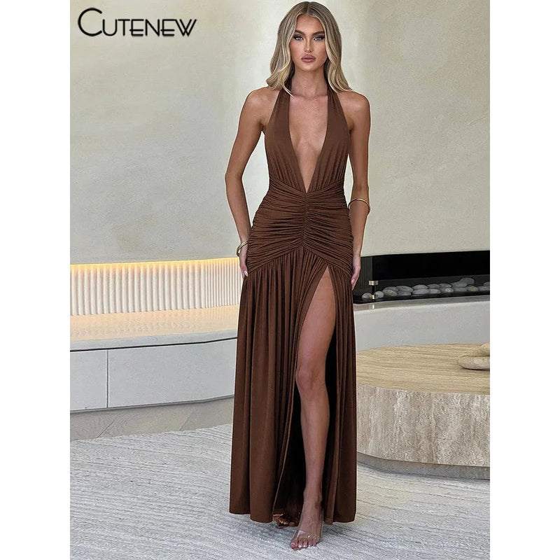 "Nibber Women's Elegant Long Dress - Solid Hipster Halter V-Neck Backless with Shirring & Side Split, High Street Vestidos" - Faith Affinity