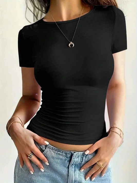 "Women's Scoop Neck Short Sleeve Crop Top - Slim Fit Summer T-Shirts, Cute Y2K Clothing 2025 Fashion"