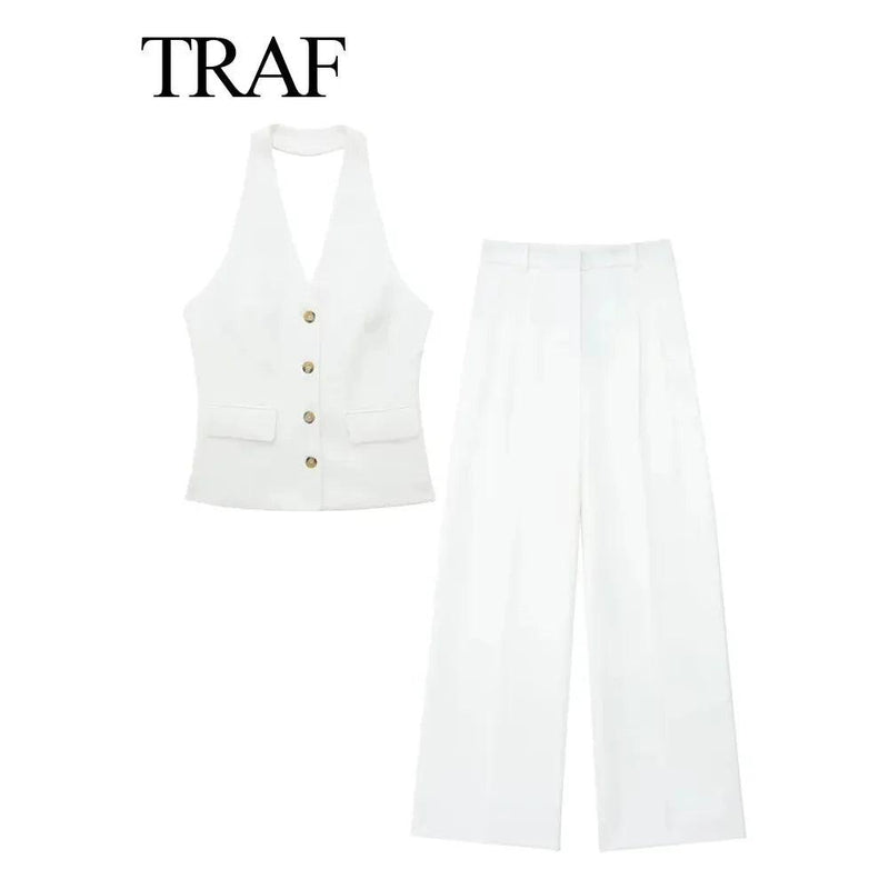 TRAF Women’s 2-Piece Set - Halter Neck Sleeveless Vest Top + High Waist Zipper Pocket Wide Leg Pants, Fashion Outfit - Faith Affinity