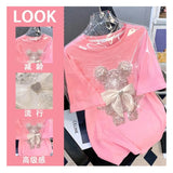 "Plus Size Women's T-Shirt – Shiny Bear Print with Bowknot, Diamond Inlay, Korean Fashion" - Faith Affinity