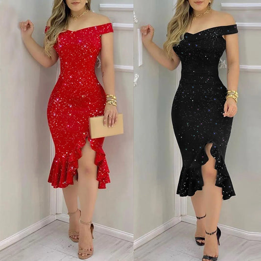 "Women's Sexy Summer Off-Shoulder Dress - Short Sleeve Sequin Ruffle Chiffon Dress with Irregular Hem"