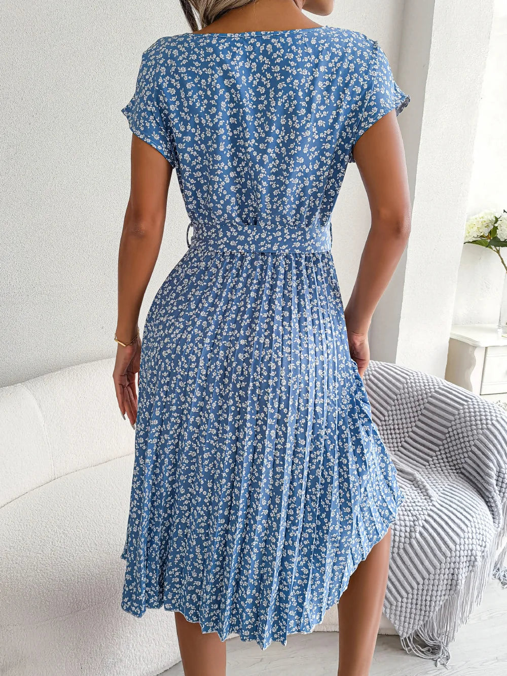 "Women's Floral High Waist A-Line Long Dress - Spring Summer Chic Fashion, Short Sleeve Pleated Maxi Dress"