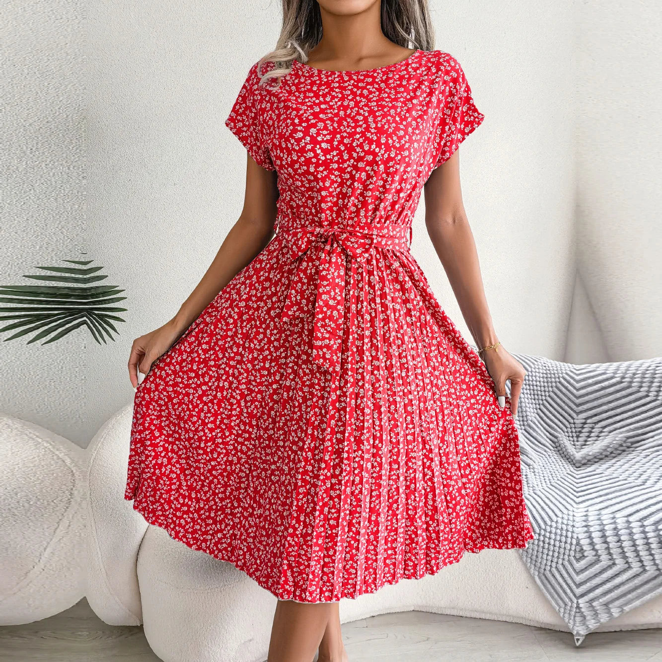 "Women's Floral High Waist A-Line Long Dress - Spring Summer Chic Fashion, Short Sleeve Pleated Maxi Dress"