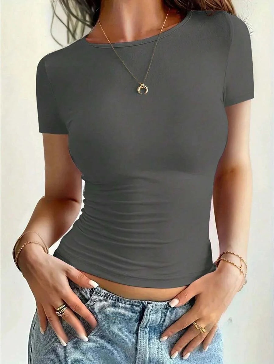 "Women's Scoop Neck Short Sleeve Crop Top - Slim Fit Summer T-Shirts, Cute Y2K Clothing 2025 Fashion"