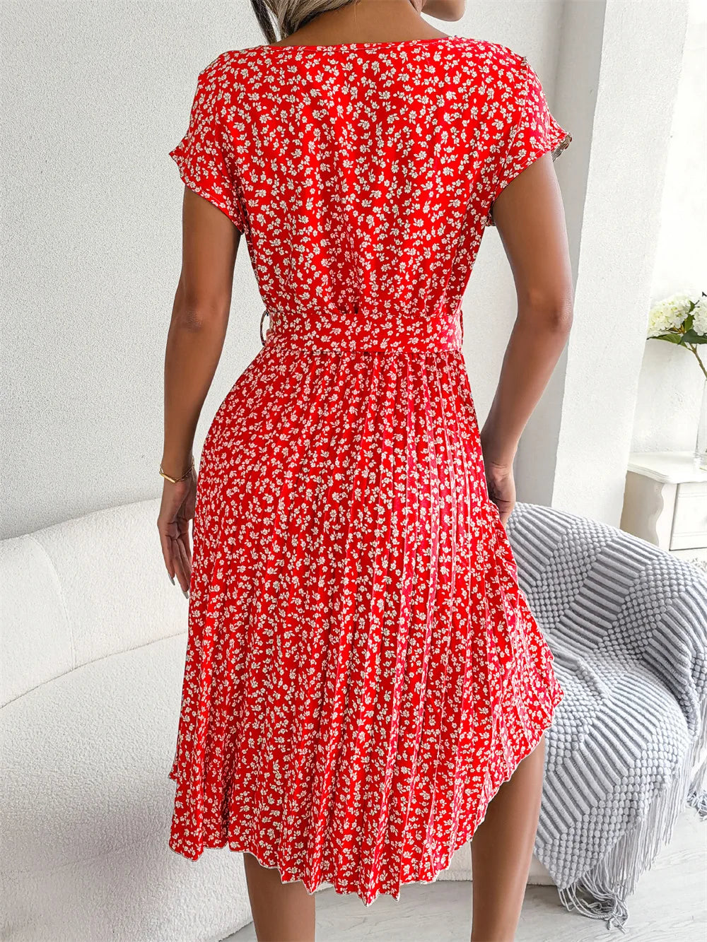 "Women's Floral High Waist A-Line Long Dress - Spring Summer Chic Fashion, Short Sleeve Pleated Maxi Dress"