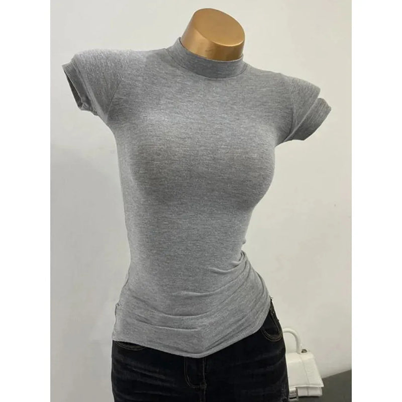 "Women's Half-High Collar Slim Fit T-Shirt - Korean Transparent Short Sleeve Elastic Solid Bottoming Shirt, Sexy Fashion Top" - Faith Affinity