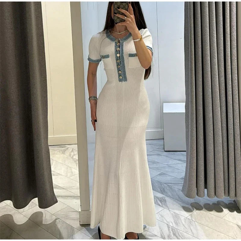 Women’s Elegant V-Neck Denim Patchwork Knitted Long Dress - Short Sleeved Button Bodycon Dress with Pockets for Office Lady Fashion