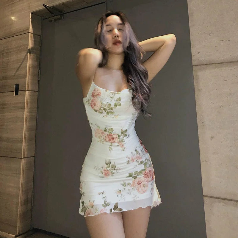 "Women's Summer Sweet Printed Halter Dress - Slim Fit Retro Flower Mesh Short Dress, Women's Clothing" - Faith Affinity