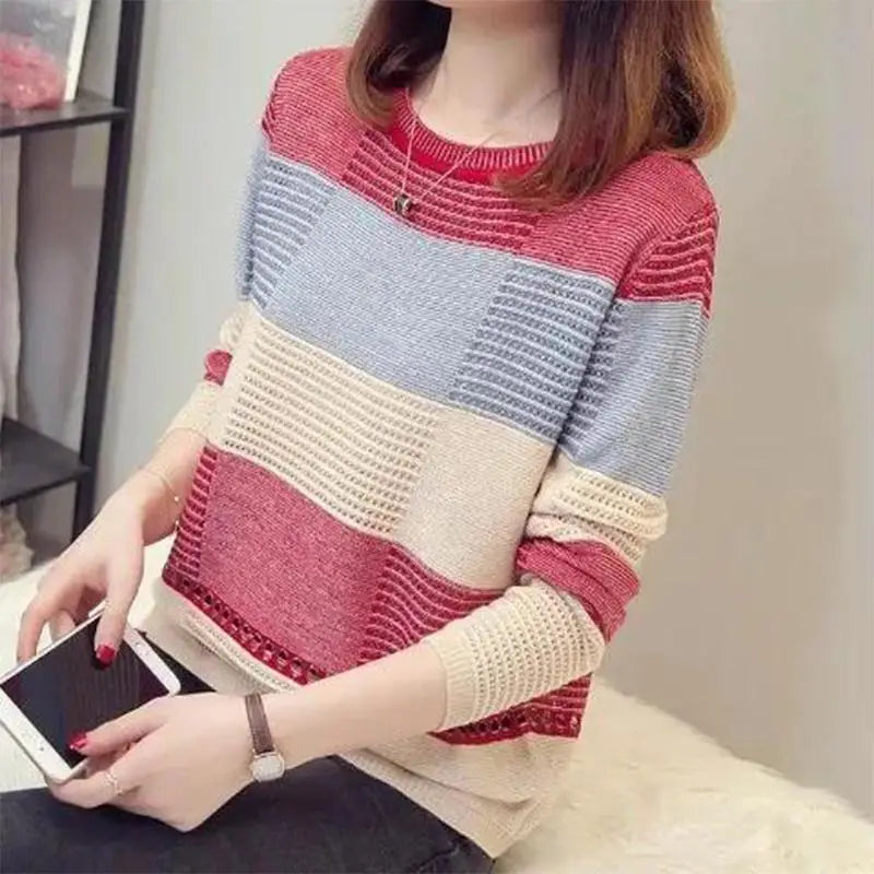 "WTEMPO Women’s Thin Hollow Knit Sweater - Long Sleeve Striped Loose Top for Spring and Autumn Fashion" - Faith Affinity