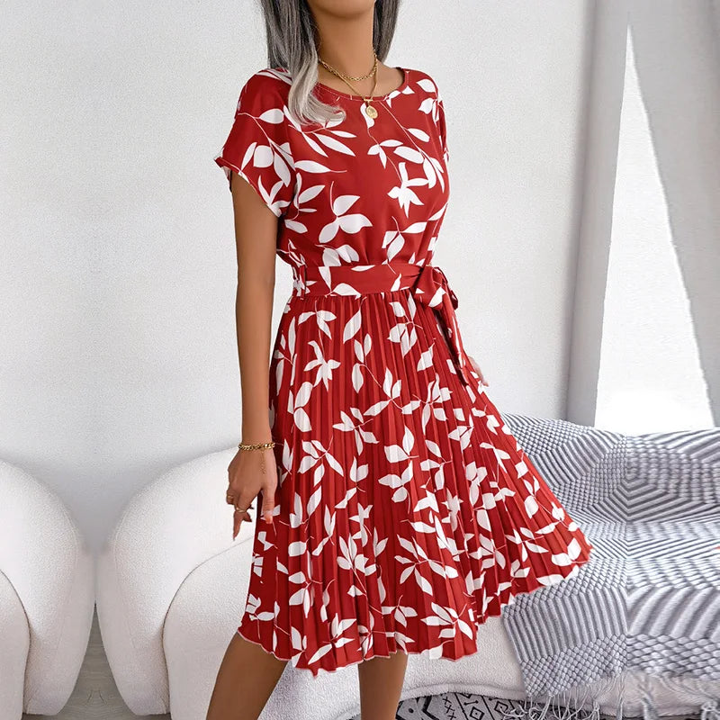 "Women's Floral High Waist A-Line Long Dress - Spring Summer Chic Fashion, Short Sleeve Pleated Maxi Dress"