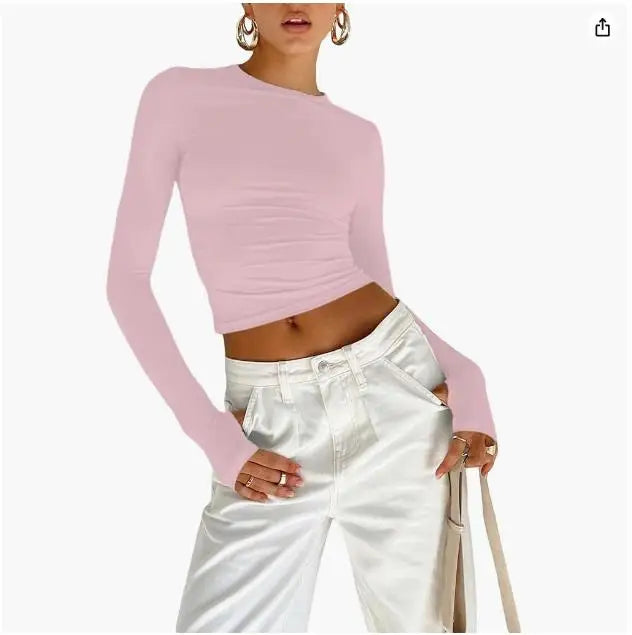 "Women's Long Sleeve Crew Neck Slim Fit Crop Top - Solid Fashion with Thumb Holes for Streetwear and Summer Outfits"