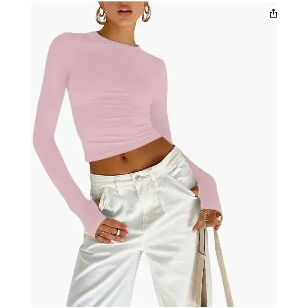 "Women's Long Sleeve Crew Neck Slim Fit Crop Top - Solid Fashion with Thumb Holes for Streetwear and Summer Outfits" - Faith Affinity