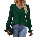 "Women’s Solid Color Chiffon Shirt – V-Neck Pullover Flared Long Sleeves Office Blouse in Elegant Khaki" - Faith Affinity