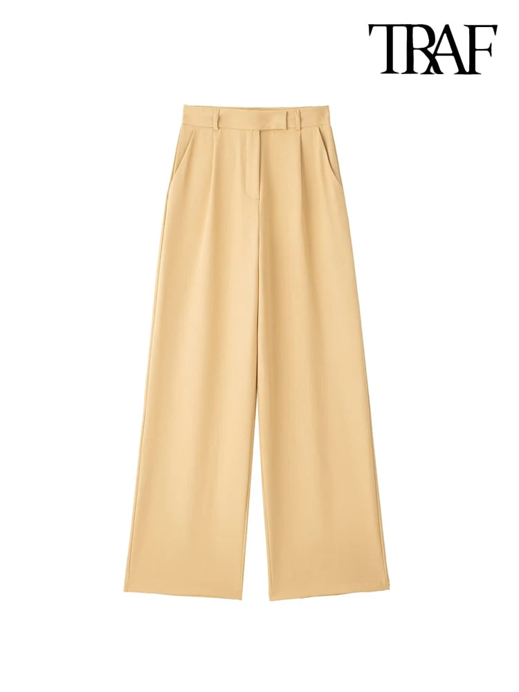 "TRAF Women's Vintage High Waist Wide Leg Pants with Front Darts & Pockets - Zipper Fly, Fashion Female Trousers"