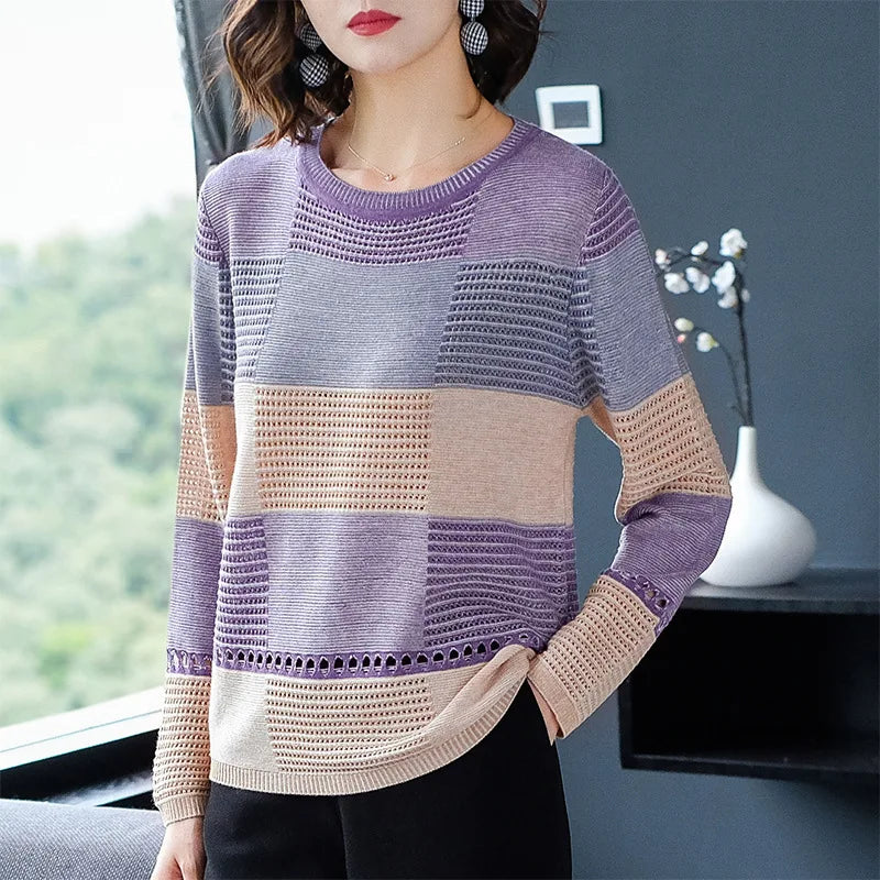 "WTEMPO Women’s Thin Hollow Knit Sweater - Long Sleeve Striped Loose Top for Spring and Autumn Fashion" - Faith Affinity