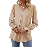 "Women’s Solid Color Chiffon Shirt – V-Neck Pullover Flared Long Sleeves Office Blouse in Elegant Khaki" - Faith Affinity