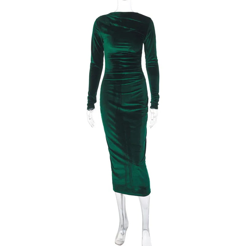 "Dulzura Velvet Long Sleeve Midi Dress for Women – Ruched Elegant Party Wear, Spring Summer 2024 Evening Green Outfi - Faith Affinity