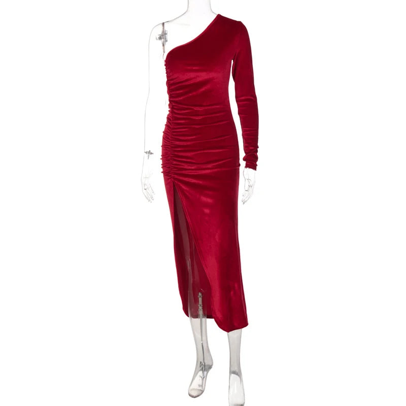 Women’s Elegant Velvet Bodycon Midi Dress - Long Sleeve Split Pencil Dress for Party & Evening Wear, Spring Autumn Fashion