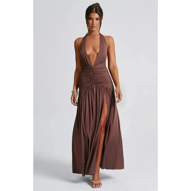 Mozision Women’s Halter Deep V-Neck Backless Maxi Dress - Sexy Sleeveless Thigh-High Split Elegant Long Dress - Faith Affinity