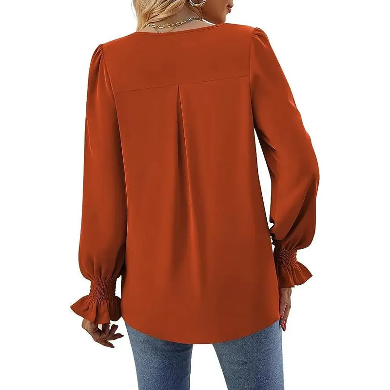 "Women’s Solid Color Chiffon Shirt – V-Neck Pullover Flared Long Sleeves Office Blouse in Elegant Khaki" - Faith Affinity