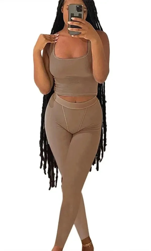 "Women's Lounge Wear Ribbed Casual 2-Piece Summer Shorts Set - Fashion Top & Elastic Leggings Outfits"