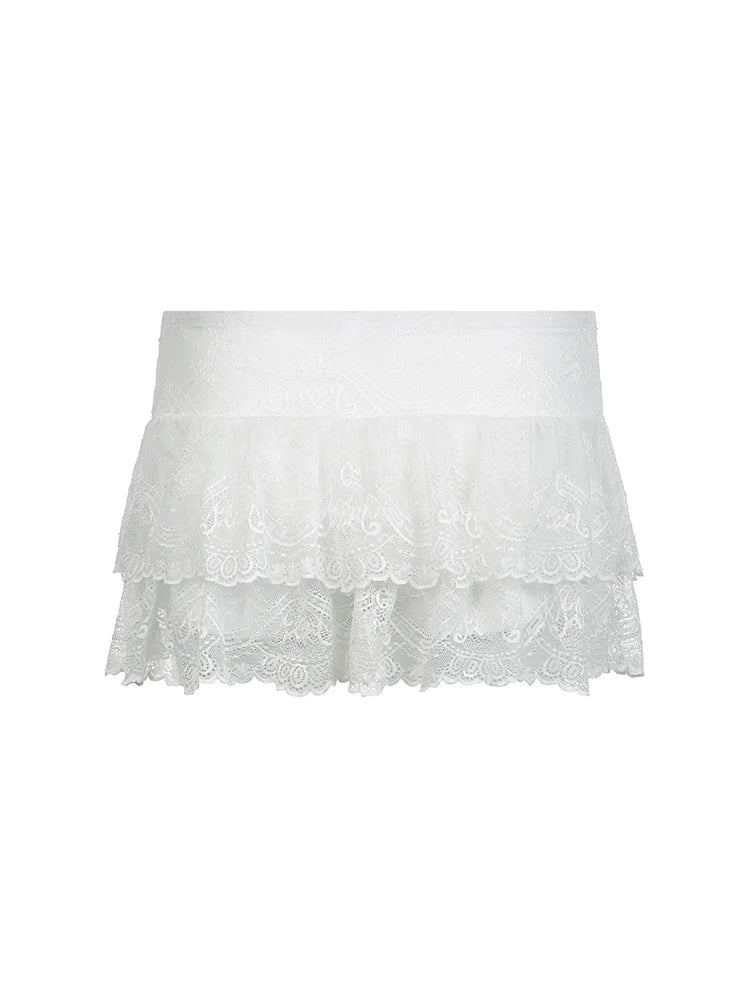 "Women's Black Low Waist Tiered Lace Skirt - White Fairycore Micro Boho Skirt, Trendy Summer Fashion Clothing"