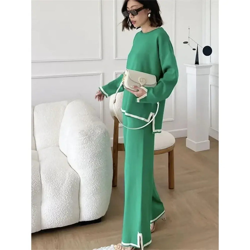 "Elegant Women’s 2-Piece Set - O-Neck Pullover Sweater and Wide-Leg Pants, Autumn Solid Color Casual Fashion Outfit" - Faith Affinity