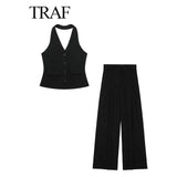 TRAF Women’s 2-Piece Set - Halter Neck Sleeveless Vest Top + High Waist Zipper Pocket Wide Leg Pants, Fashion Outfit - Faith Affinity