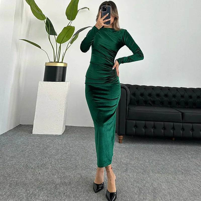 "Dulzura Velvet Long Sleeve Midi Dress for Women – Ruched Elegant Party Wear, Spring Summer 2024 Evening Green Outfi - Faith Affinity