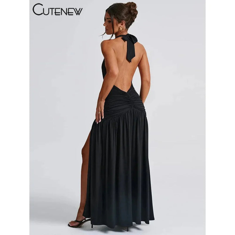 "Nibber Women's Elegant Long Dress - Solid Hipster Halter V-Neck Backless with Shirring & Side Split, High Street Vestidos" - Faith Affinity