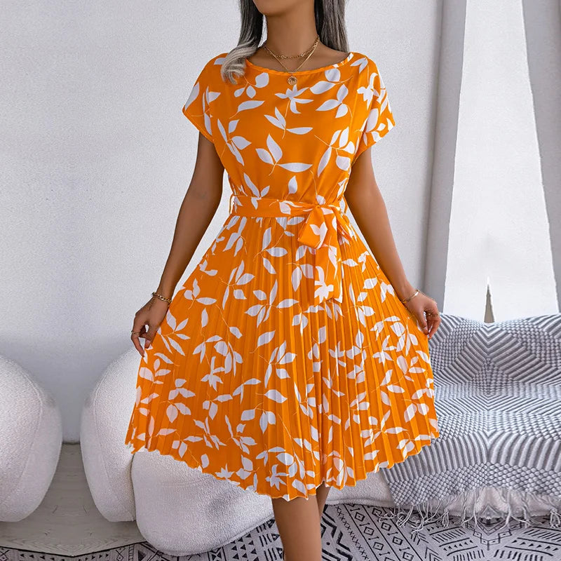 "Women's Floral High Waist A-Line Long Dress - Spring Summer Chic Fashion, Short Sleeve Pleated Maxi Dress"