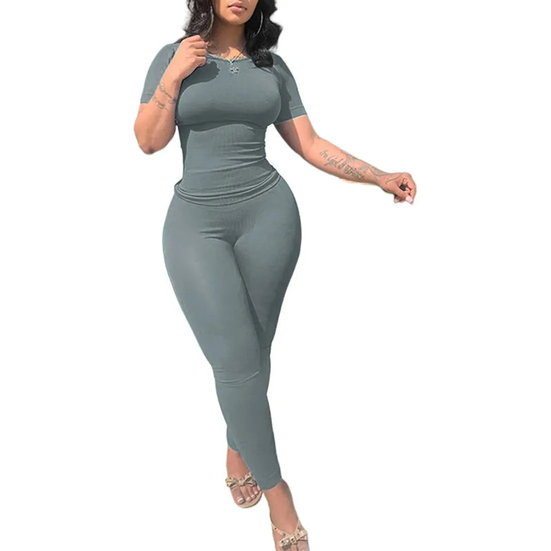 "Women's Lounge Wear Ribbed Casual 2-Piece Summer Shorts Set - Fashion Top & Elastic Leggings Outfits" - Faith Affinity