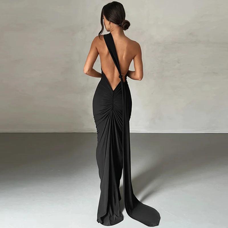 Hugcitar 2025 Women’s One-Shoulder Backless Ruched Maxi Dress - Sexy Adjustable Y2K Streetwear Festival Outfit - Faith Affinity