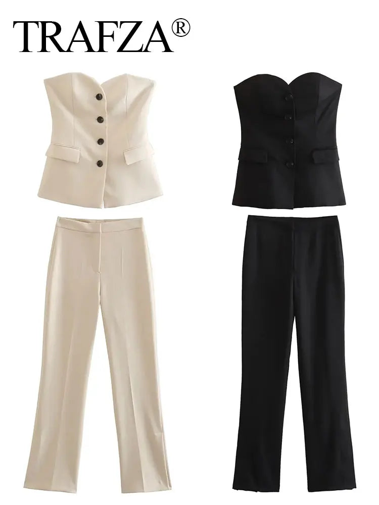 "TRAFZA Women’s Elegant Solid Pant Suit - Front Button Strapless Sexy Tank Top & Side Slit Trouser, Fashion Streetwear Set"