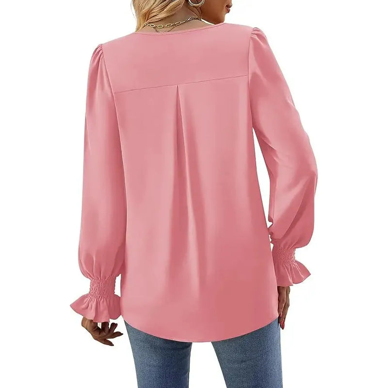 "Women’s Solid Color Chiffon Shirt – V-Neck Pullover Flared Long Sleeves Office Blouse in Elegant Khaki" - Faith Affinity