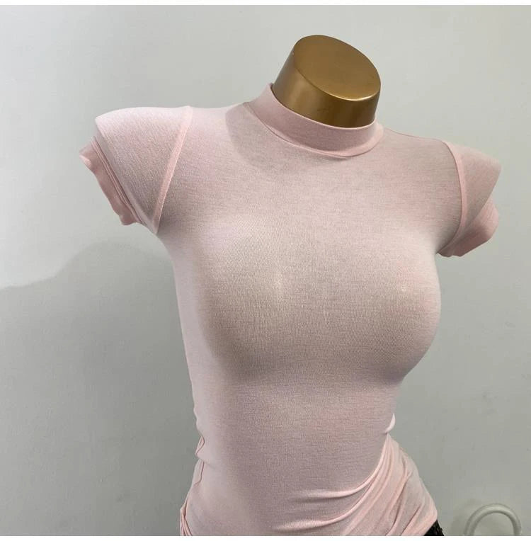 "Women's Half-High Collar Slim Fit T-Shirt - Korean Transparent Short Sleeve Elastic Solid Bottoming Shirt, Sexy Fashion Top"