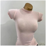 "Women's Half-High Collar Slim Fit T-Shirt - Korean Transparent Short Sleeve Elastic Solid Bottoming Shirt, Sexy Fashion Top" - Faith Affinity