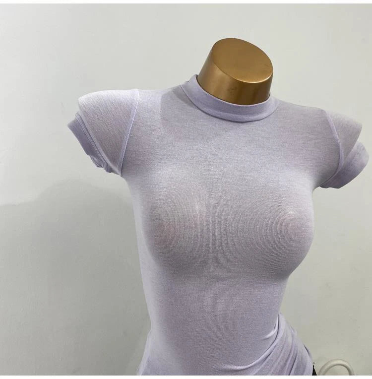 "Women's Half-High Collar Slim Fit T-Shirt - Korean Transparent Short Sleeve Elastic Solid Bottoming Shirt, Sexy Fashion Top"