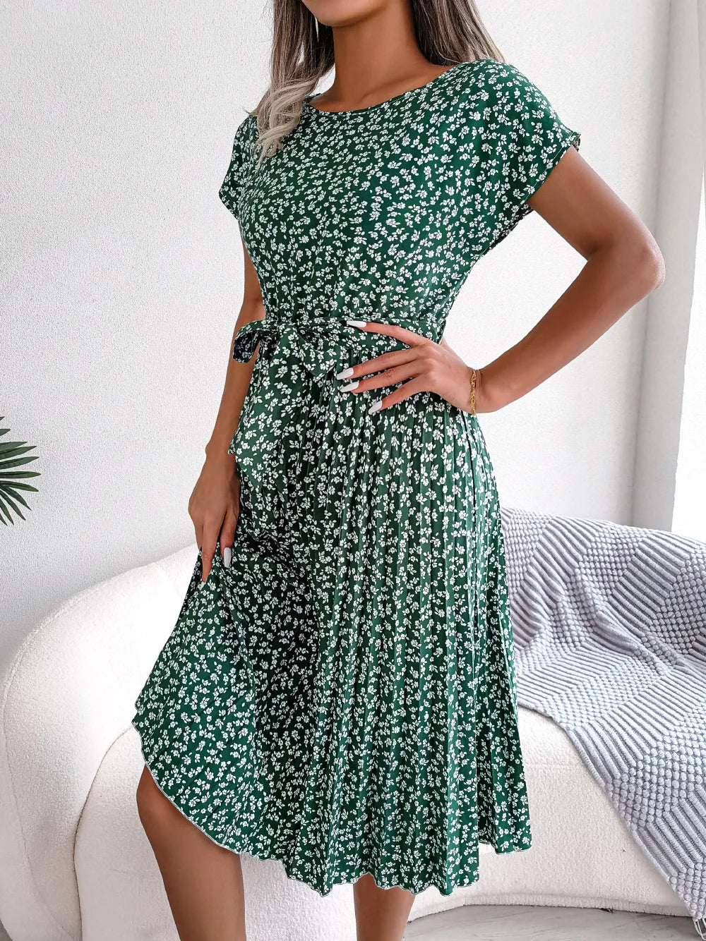 "Women's Floral High Waist A-Line Long Dress - Spring Summer Chic Fashion, Short Sleeve Pleated Maxi Dress"