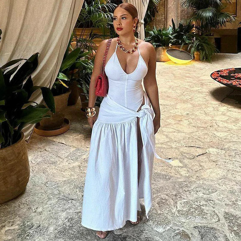 "Tossy 2-Piece Set Women's V-Neck Jumpsuit & Pleated High Waist Skirt - Sexy Lace-Up Bandage Outfits, White Fashion 2025"